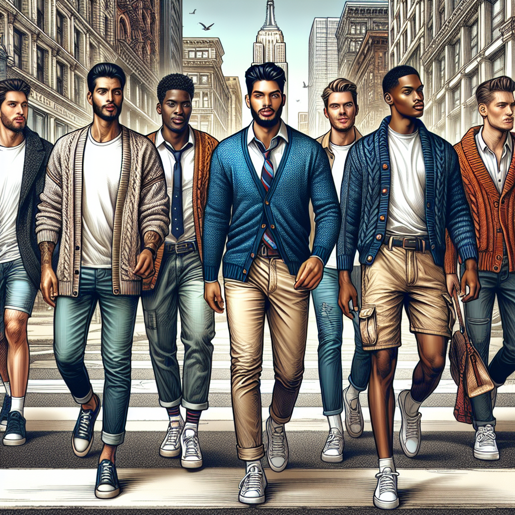 Essential Guide: What to Wear with a Cardigan for Men Create a detailed and vibrant image depicting a diverse group of men from different descents like Hispanic, Middle-Eastern, South Asian, Caucasian, and Black, each sporting a unique style of cardigan. One of them is wearing a cardigan with a classic white t-shirt and jeans, another is wearing a cardigan over a collared shirt and tie, another one is wearing a chunky knit cardigan with a casual shirt underneath and cargos, and another is pairing his cardigan with a polo shirt and khakis. Add a city street style backdrop to create a bustling, fashion-forward setting. The men are confidently striding down the street, showcasing their cardigan styles.