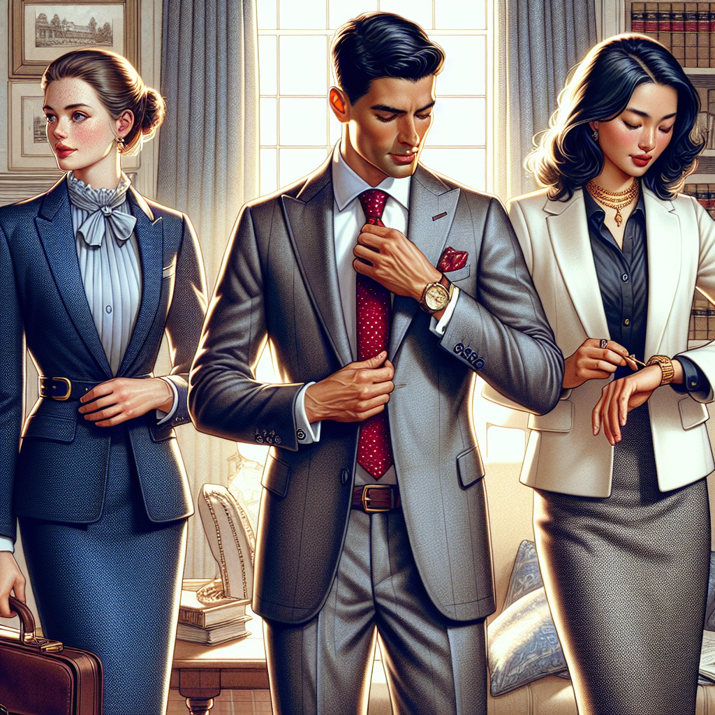An elegant, detailed illustration depicting three individuals of different descents preparing for court. On the left, a Caucasian woman in a tailored navy-blue suit paired with a light-colored blouse and tasteful jewelry. In the center, a Hispanic male adjusts his crimson tie against a charcoal gray suit, his briefcase nearby. To the right, a South Asian woman checks her gold watch while wearing a crisp, white blazer over a knee-length pencil skirt. The background shows tasteful home setting with books and the morning sunlight streaming through a window.