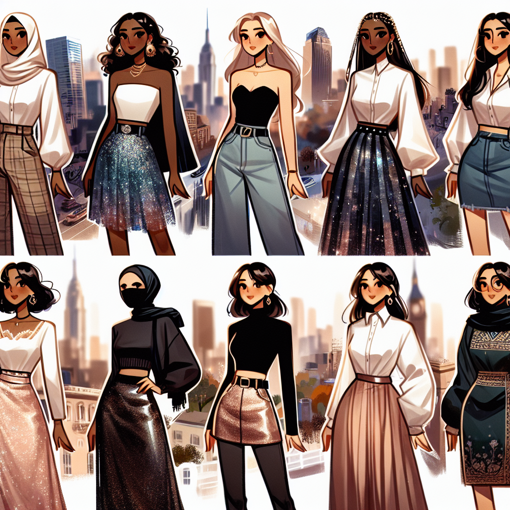 Stunning Outfits: What to Wear with a Sparkly Skirt A variety of women with different descents: A Middle-Eastern woman, a White woman, a Hispanic woman, a Black woman, and a South Asian woman, each wearing a different outfit styled with a sparkly skirt. Each woman's outfit is carefully curated, displaying their unique fashion tastes. Imagine the Middle-Eastern woman in a white blouse tucked into her skirt, the White woman in an off-shoulder crop top, the Hispanic woman in a black turtleneck sweater, the Black woman in a casual tee, and the South Asian woman in a traditional silk tunic. Background comprises a mix of cityscape and nature, signifying a variety of settings these outfits could be worn.