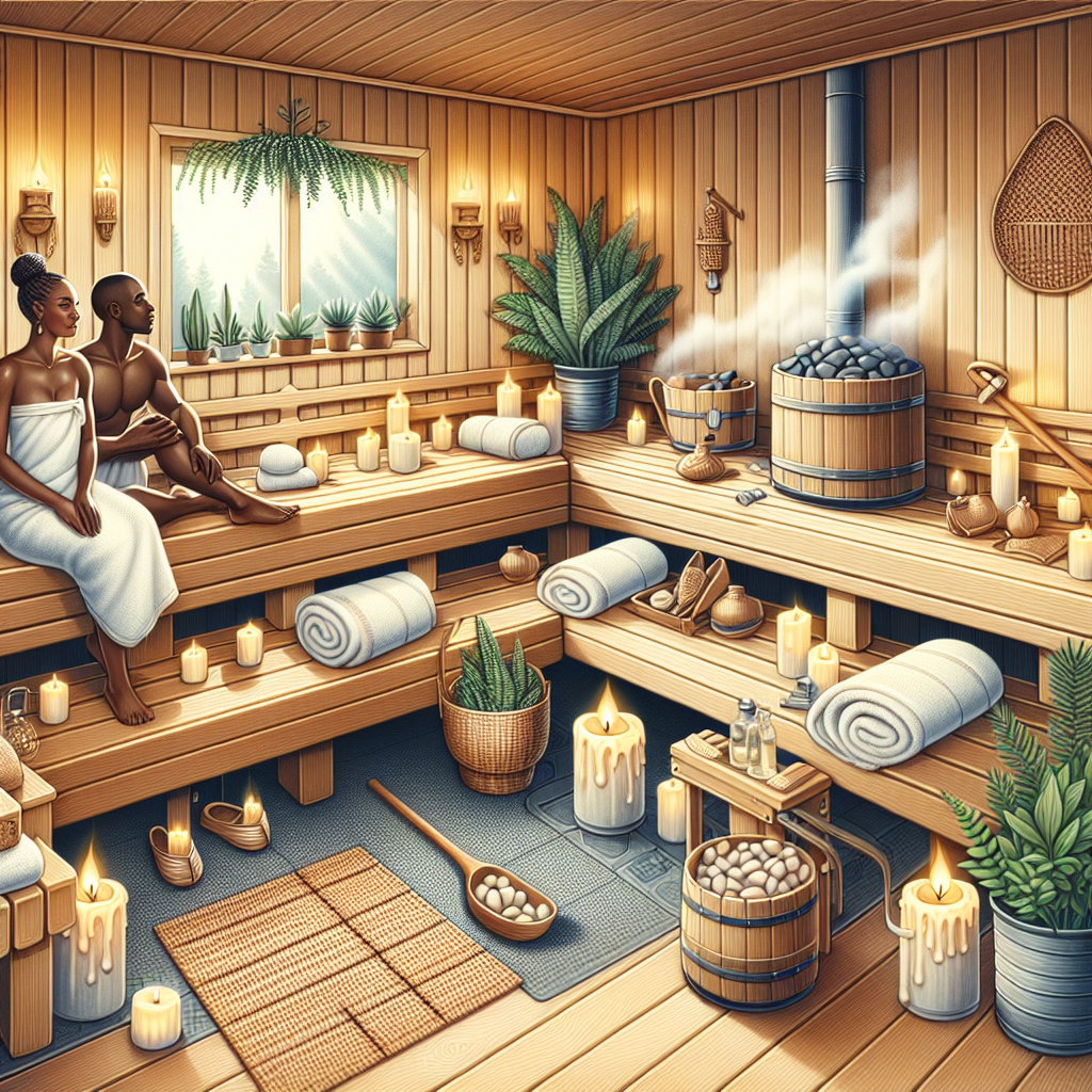 Sauna Style Guide: Effortless, Must-Have Tips A calming illustration of an ideal sauna - complete with well-polished wooden benches, a stack of hot stones in the corner, flickering candles for a soothing ambiance, and humid steam filling the air. In a harmonious mix of functionality and style, small tasteful details are scattered throughout the sauna, such as bamboo mats underfoot, comfortable cotton towels available for use, a bucket filled with water and ladle for additional steam, and a few essential oils for added aroma. A diverse group of individuals, a Black woman and a South Asian man, are seated, demonstrating proper sauna etiquette while enjoying the rejuvenating atmosphere.
