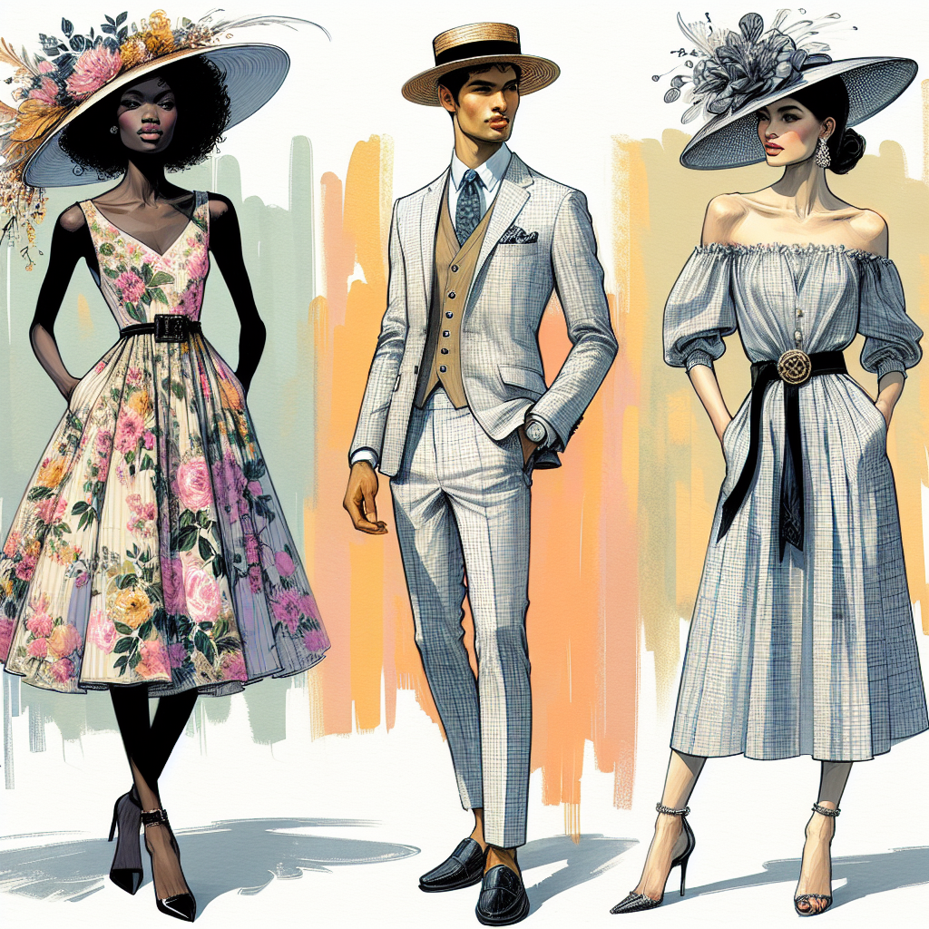 Kentucky Derby Outfits: Discover Your Stunning Look! Imagine a sunny day at the racetrack, a celebration of fashion and equestrian events. Depict a scene of the Kentucky Derby, with three individuals demonstrating different stunning looks suitable for the event. The first person, a Black woman, is in a floral tea-length dress with a wide-brimmed hat adorned with feathers. The second person, a Middle-Eastern man, is in a sharp linen suit in pastel colors, sporting a straw boater hat. The third individual, a South Asian woman, presents a sophisticated look in a monochrome jumpsuit, paired with an extravagant fascinator. Create these looks incorporating vibrant colors and rich textures.