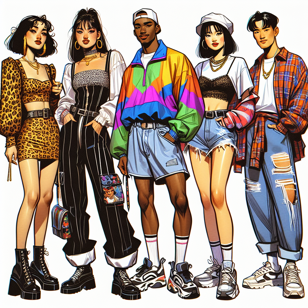 A lively fashion scene from the 1990s, showcasing a variety of party outfits. Picture a Caucasian woman in a leopard print mini dress paired with chunky black boots, a Hispanic man styling a brightly colored windbreaker with baggy jeans and sneakers, a Black woman wearing a crop top with high waist 'mom' jeans and platform sandals, and an Asian man in a flannel shirt tied around his waist, white tee, and ripped jeans. The atmosphere should exude fun and retro vibes as these outfits symbolize the iconic fashion trends of the era.