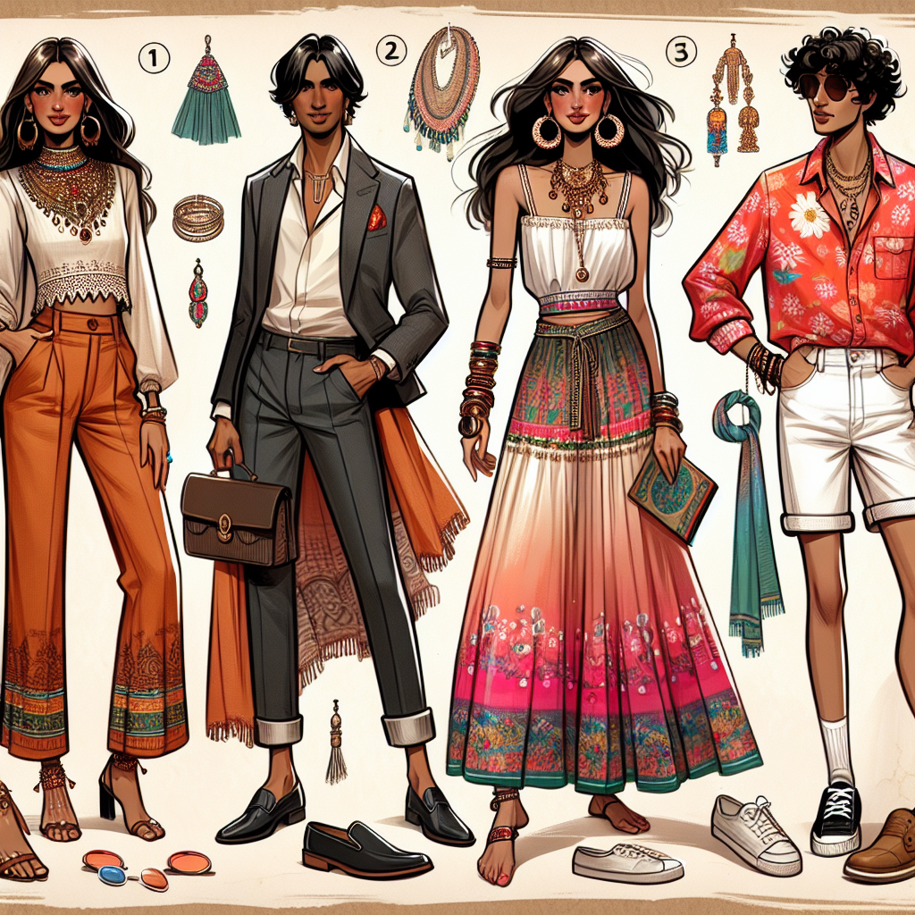 Illustrate a fashion montage showcasing brilliant outfit ideas for comedy shows. In Frame1, depict a Middle-Eastern woman in a chic pant suit paired with ornate jewelry. Frame2, visualizes a Black male in a smart casual ensemble with button-up shirt, dark jeans and loafers. Frame3, should present a South Asian female in a vibrant, boho-chic maxi dress accessorized with hoop earrings and a funky clutch. Finally, Frame4 should highlight a Caucasian male in a fun, colorful and laid-back ensemble complete with a floral shirt and white denim shorts. Try to communicate an atmosphere of joy and laughter surrounding the looks.