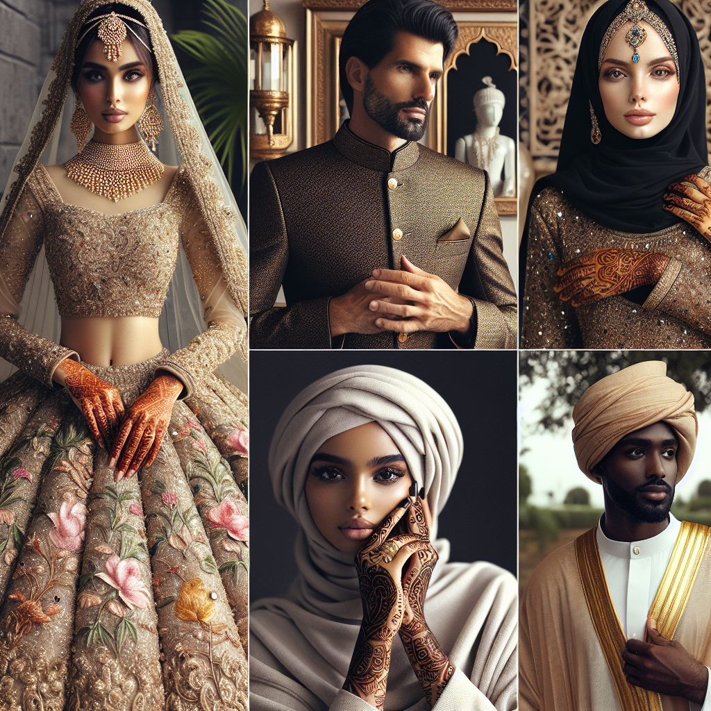 A montage of Muslim wedding fashion suitable for non-Muslim attendees. The first image depicts an elegant south Asian woman wearing a beautifully embroidered lehenga with a draped hijab, her hands adorned with intricate henna designs. The next image showcases a middle-aged Caucasian man in a dazzling sherwani complemented by a wrapped turban on his head. A third image spotlights a young black woman in a luxurious abaya with gold detailing, her hijab finely tied. The final image illustrates a middle eastern man wearing a stylish thobe and ghutra. Frame these images with an overarching theme of unity and reverence to Muslim traditions.