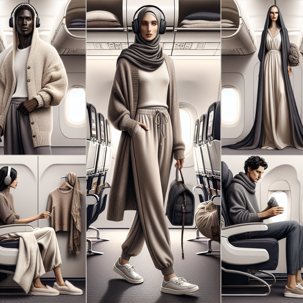Imagine a collection of must-have outfits for long-haul flights designed with effortless chic in mind. Picture scene one in the interior of an airplane. In it, a Middle-Eastern female is dressed in a cozy cashmere cardigan, paired with cotton lounge pants and slip-on shoes. She's supplemented her outfit with a neck pillow and a pair of noise-canceling headphones. Scene two showcases a Black male in an ensemble consisting of a soft wool hoodie, stretchy denim jeans, and comfortable sneakers. He's carrying a compact backpack with essential flight items. Scene three presents a South Asian female dressed in an elegant maxi dress, paired with a light blanket scarf and flat moccasins. Each person exudes sophistication and comfort, reflecting the essence of effortless chic.