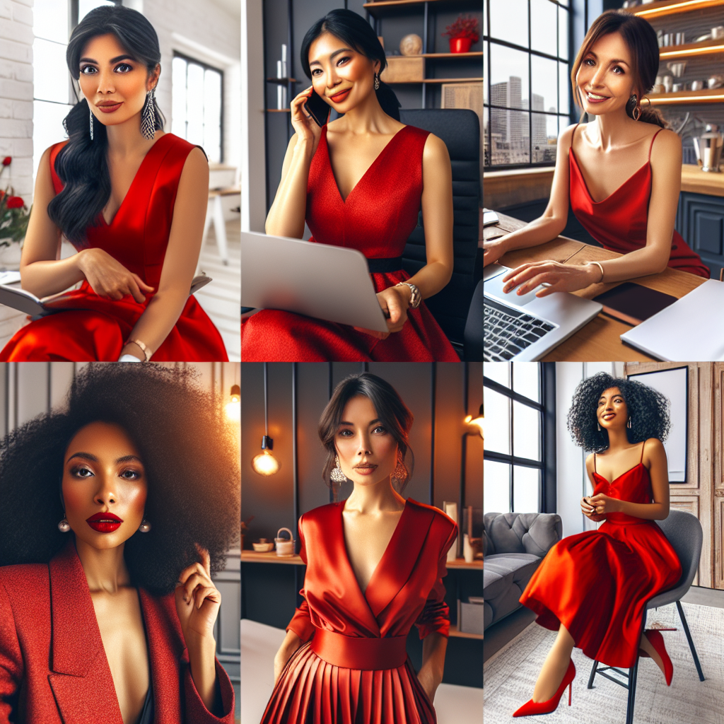 Imagine a variety of professional settings. In each, there's an elegantly dressed woman preparing for her digital meeting. She is South Asian with dark hair, styled stylishly, wearing a radiant red dress. Her office background exhibits a commendable balance between personal warmth and professional decorum. Another woman, Caucasian with blonde hair, is in a white pristine kitchen, wearing a fiery red dress, readying herself for a video call. Lastly, a Black woman with beautiful curly hair at an industrial loft, donning a scarlet swing dress. These women embody grace, confidence and the power of impeccable teleportation style.