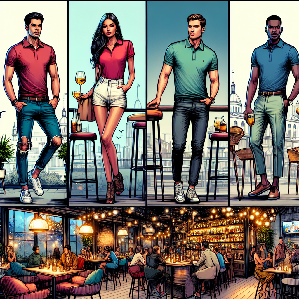 Create a vibrant representation of various stylish polo shirt outfits suitable for every kind of bar scene. In the first visual, depict a South Asian male smartly donned in a casual polo shirt with ripped jeans at a sports bar. In the second, visualize a Caucasian woman fashionably sporting a polo shirt tucked into high-waisted shorts at a classy rooftop bar. Lastly, in the third setting, capture a Black man sporting a polo shirt paired with chinos in a relaxed, jazz bar ambient. Ensure to illustrate the ambiance and unique features of each different bar.