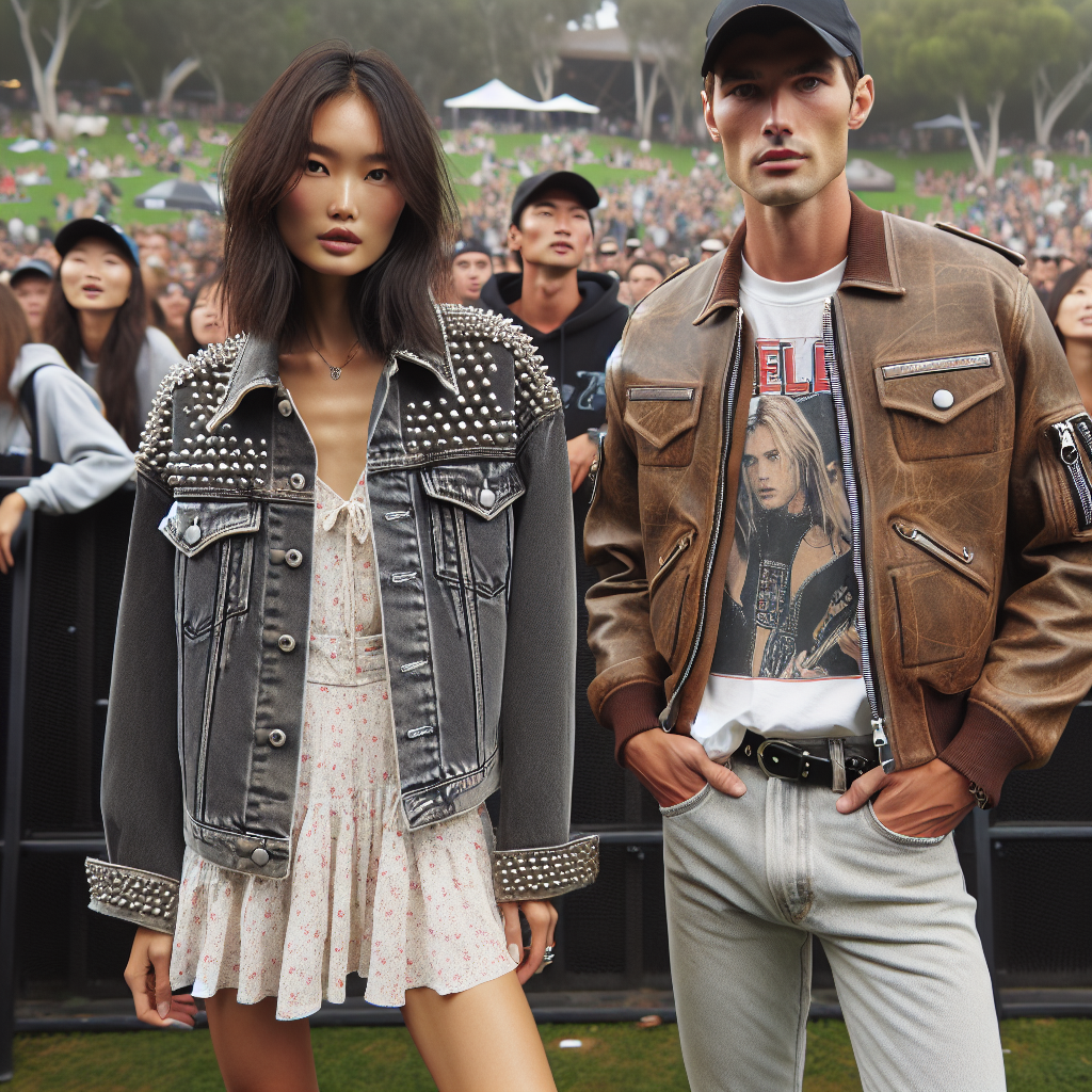 Imagine a chic scene at an outdoor music concert during the weekend. In the center of the scene, a woman of Asian descent is wearing a quintessential must-have jacket; it's a faded black denim jacket with silver studs and epaulettes. She pairs it with a cool white concert dress that goes just above her knees. Near her, a Caucasian man sports a stylish brown leather bomber jacket over his light color jeans and graphic band t-shirt. The background is filled with faces of excitement and joy, hinting at a thriving live music performance.