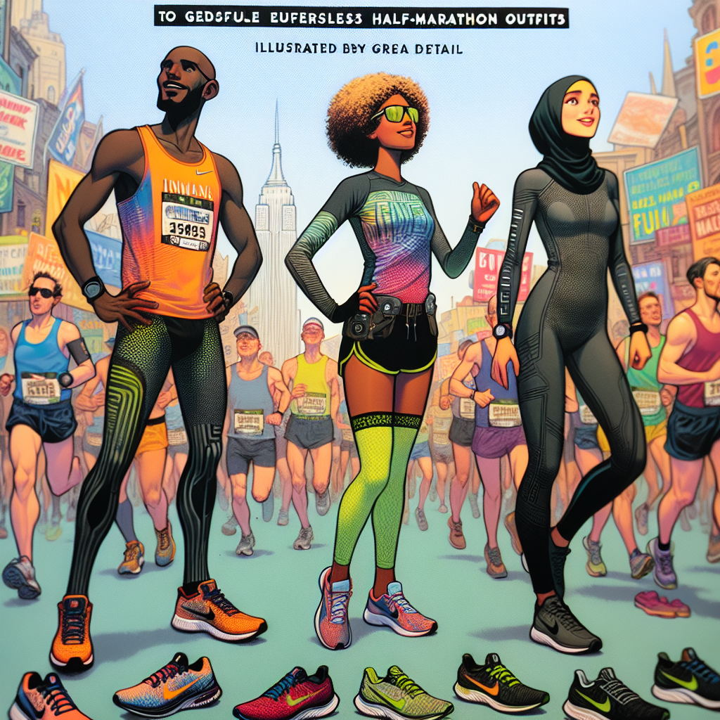 Effortless Half-Marathon Outfits: Must-Have Guide Imagine a guide for effortless half-marathon outfits, illustrated with great detail. Picture the cover showcasing three runners of different descents: one Caucasian, one Black, and one Middle-Eastern. Each runner wears a unique outfit illustrating the latest trends in running gear. The Caucasian woman sports a breathable, brightly colored tank top with matching running shorts. The Black man wears a state-of-the-art sweat-wicking shirt with form-fitting running pants. The Middle-Eastern woman is dressed in a performance-enhancing hijab with a long-sleeve running shirt and leggings. Each wears specialized running shoes, displaying the perfect balance between comfort and performance. The background is filled with the hustle and bustle of a half-marathon, with cheering spectators and vibrant signs.
