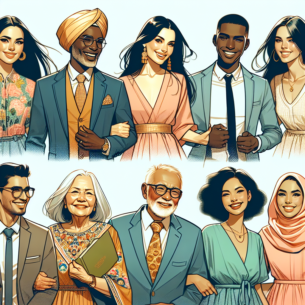 Visualize an image showcasing stunning outfits for guests attending a high school graduation ceremony. The image should include different styles suitable for diverse age groups and considering various weather conditions. Portray at least five individuals: a Middle-Eastern lady in an elegant summer dress, an African man in a stylish suit, a Caucasian elderly gentleman in a comfortable lightweight jacket, a young South Asian woman in a brightly colored modern attire and a Hispanic teenager in a cool, casual outfit. All are happily gathered, bonding over this proud moment.