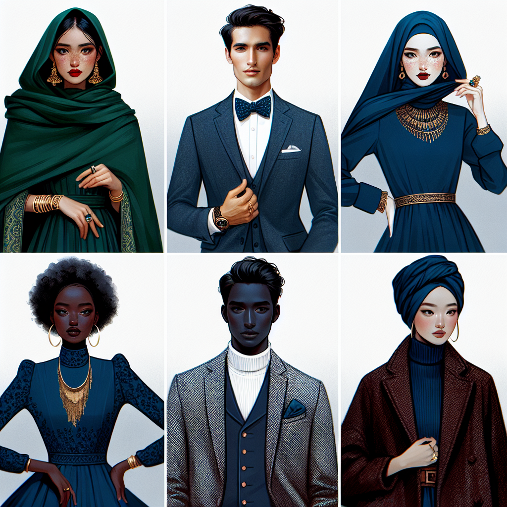 Stunning Looks to Match a Navy Blue Dress An array of fashionable outfits complementing a navy blue dress. Picture one, a Middle-Eastern woman wearing an emerald-green pashmina draped over her shoulders, accessorized with golden bangles. Next, a Caucasian man in a crisp white shirt with a navy-blue bow tie, matching the dress. Picture three, a Black woman characterized by a bold red headwrap, with her outfit accentuated by a chunky, tribal necklace. Finally, a South Asian man sporting a grey tweed blazer over a navy-blue turtleneck, akin to the colour of the dress. Each style radiates elegance, whilst contrasting and complementing the navy-blue dress.