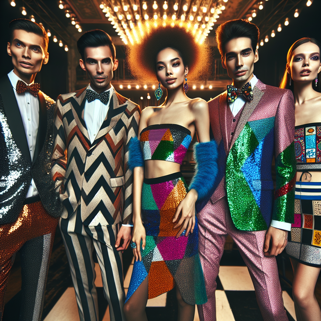 Imagine a fashion magazine spread featuring a collection of impressive outfits designed especially for comedy shows. Picture a diverse range of individuals, including a Middle-Eastern male wearing a flashy sequin suit, a Black woman donning a bold patterned dress, a White female flaunting a vibrant two-piece set with geometric designs, and an Asian man sporting a quirky bow tie with an eccentrically styled suit. They are all exuding a style that speaks of joy and laughter appropriate for a comedy event. Their expressions show confidence, their outfits colourful and playful, under the atmospheric, well-lit ambiance of a comedy club.