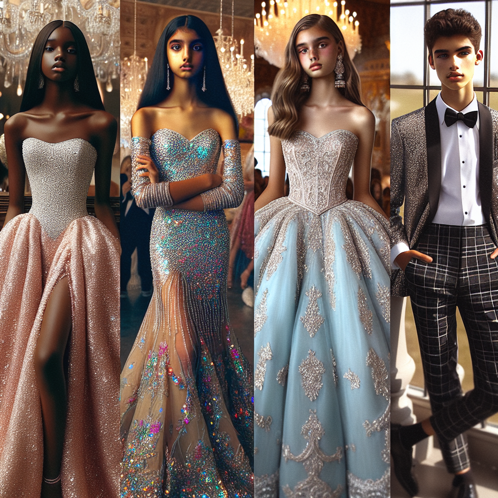 Stunning Outfits for Sweet 16: Dress to Impress! A showcase of stunning sweet 16 outfits. The first outfit is a shimmering sequin dress worn by a Black teenager, perfectly fitting her slender form. The second outfit displays a South Asian girl wearing a traditional lehenga in a contemporary style with vibrant colors. The third portrays a Middle-Eastern young lady in a classy tuxedo suit, marking a new trend in teen fashion. Lastly, a white teenager in a vintage inspired ball gown with a modern twist, exuding grandeur and sophistication. All of them radiating confidence and elegance, dressed to impress for their sweet 16 celebrations.