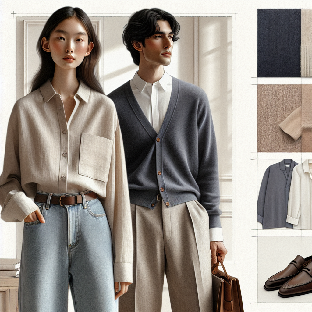 Illustrate an elegant fashion guide focusing on effortlessly chic looks. A female model of Asian descent is at the center, wearing a neutral-hued linen shirt under a pastel-colored cashmere cardigan. She is paired with a classic pair of high-waisted jeans and chic loafers. A Middle-Eastern male model stands next to her, wearing a crisp white dress shirt under a navy blue cardigan, paired with wool trousers and brown leather shoes. The background consists of a soft, minimalist interior. The composition exudes an air of casual sophistication and comfort.
