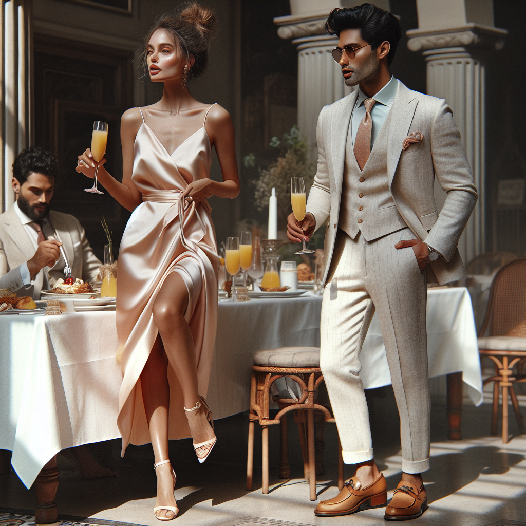 What to Wear to a Fancy Brunch: Effortless Elegance Imagine an upscale yet relaxed scene at a fancy brunch. The central character is a Caucasian woman, stunningly dressed in an elegant, pale peach silk dress that reaches just below her knees, paired with nude heels. Her hair is styled in a breezy bun, and she carries a small handbag. There's a South-Asian man nearby, exuding class in his effortlessly chic light-colored linen suit, coupled with a pastel shirt, a darker tie, and brown loafers. They are both sipping mimosas, engaging in lively conversation against a backdrop of a stylishly set table topped with delectable brunch items.