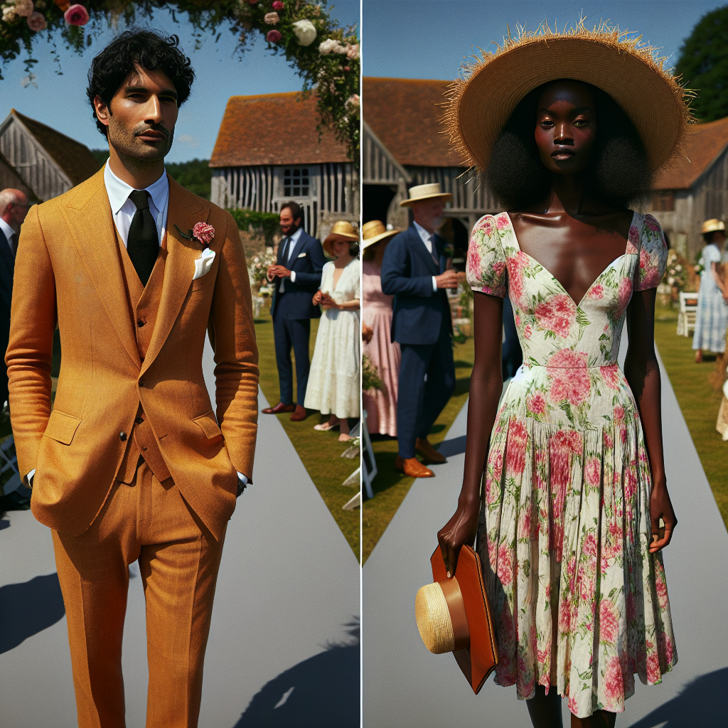 Country Wedding Guest Attire: Effortless, Stunning Picks A scene at a countryside wedding. To the left, a South Asian man wears a bright linen suit paired with a simple white shirt and polished leather shoes, a silk pocket square adding an elegant touch. To the right, a Black woman stands elegantly in a floral, knee-length summer dress, intricately woven straw hat in one hand and a small leather clutch in the other. Both guests exude confidence, under a beautifully decorated floral arch walkway, rustic wooden farmhouses in the background, with guests mingling and enjoying the sunny day.