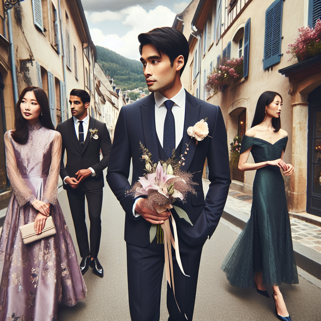 What to Wear to a Wedding in France: Effortless Elegance Picture a charming street in a quaint French town as the backdrop. In the foreground, there's a Middle-Eastern man in a smart navy blue suit holding a delicate bouquet of flowers. Beside him, an East Asian woman in a flowing lavender dress clutching a small clutch purse. A bit further away, a South Asian couple decked in understated yet elegant traditional attires. Over to the left, a black woman in a lean emerald green dress pausing to adjust her high heels. These individuals embody the essence of effortless elegance needed for attending a wedding in France.