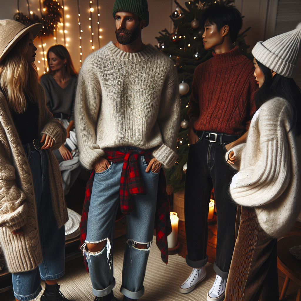 What to Wear to a Casual Christmas Party: Effortless Styles A scene of a casual Christmas party setting in the evening. A diverse group of people can be seen mingling; a Caucasian woman with a light-green chunky sweater and dark blue ripped jeans, a Hispanic man in a red plaid flannel shirt and black denim jeans, and an Asian woman wearing a white woolen beanie, oversized beige cardigan and high-waist brown trousers. The accessories are minimal yet statement-making on each one of them. Adornments related to Christmas, like pine trees, star-shaped ornaments and warm string lights, naturally embellish the room.