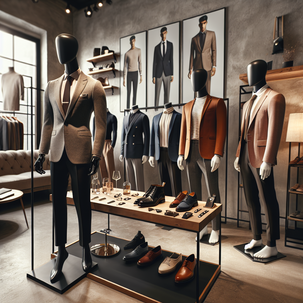 A scene in a cozy urban boutique showcasing different exemplary outfits for a bartending interview. To the left, a tall South Asian male mannequin is dressed in a refined, contemporary suit, complete with accessories like a tie clip and cufflinks. In the center, a display table showcasing an array of suitable shoes, watches, and belts. To the right, a petite Caucasian female mannequin presents a chic ensemble of tapered pants, a bold-colored blazer, and a minimalist blouse. On the back wall, reflect an array of outfit choices for people from different backgrounds.