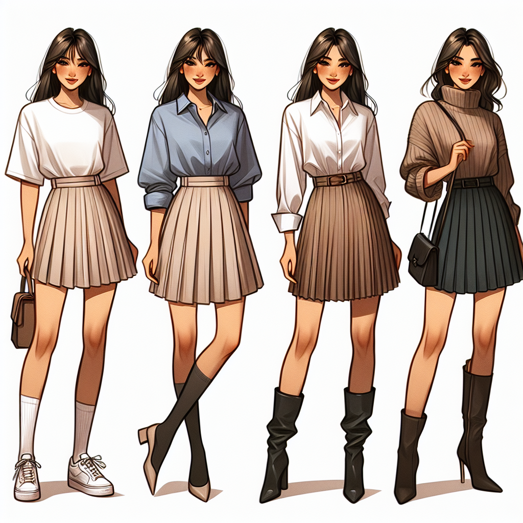 Must-Have Looks for Your Pleated Mini Skirt Imagine a style guide showcasing four different must-have looks to pair with a pleated mini skirt. The first is a casual look featuring a Hispanic woman with a loose t-shirt and tennis shoes. The second is an office-appropriate look with a Caucasian woman dressed in a buttoned blouse and court shoes. Next, envision a date-night look with a South Asian woman wearing a cropped top and strappy heels. Lastly, imagine a winter look, starring a Middle-Eastern woman layered in a cozy sweater and knee-high boots, each fashionably paired with a pleated mini skirt.