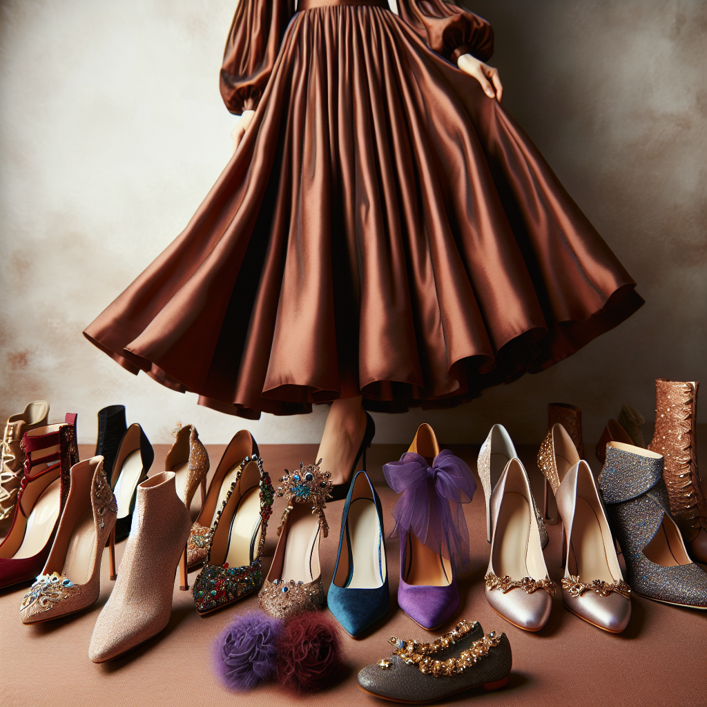 Imagine a fashion-focused scene featuring an enchanting array of footwear options in high resolution. There are shoes of various styles &ndash; embellished high heels, sleek stilettos, comfortable flats, and elegant ankle boots &ndash; all designed to complement a beautiful chocolate-colored dress. The dress is a rich, deep shade of brown, cinched at the waist and flares out at the bottom. The shoes show off a vivid contrast of jewel tones, light pastels, and shiny metallic colors. All of these are beautifully organized against a soft, neutral background.