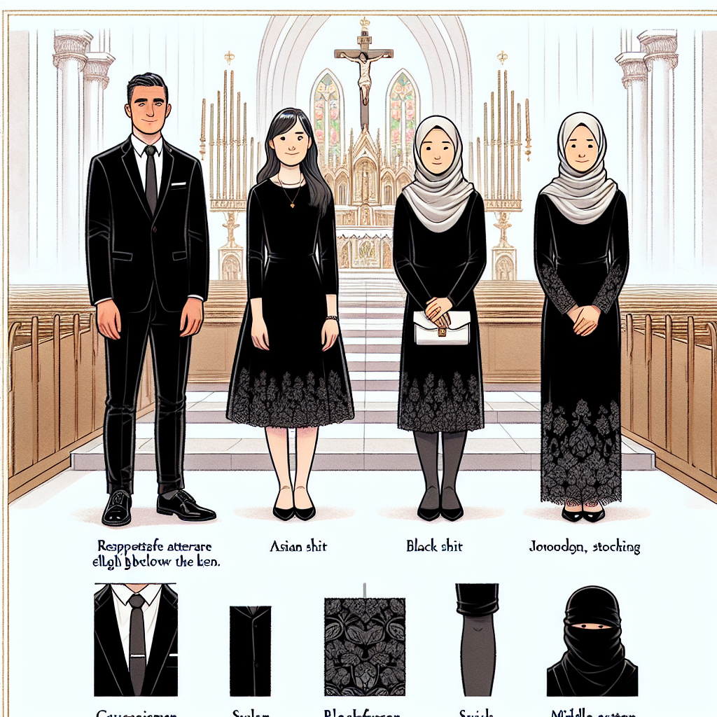 What to Wear to a Catholic Funeral: Respectful Guide A detailed illustrative guide showing respectful attire for a catholic funeral. The image includes a somber and respectful backdrop of a church interior. In one section, showcase a Caucasian male dressed in a black suit, white shirt, and tie. In another section, depict an Asian female in a subtly-patterned black dress falling just below the knee, black stockings, and small, delicate jewelry. Also, represent a Middle-Eastern individual in a neutral-colored headscarf and a modest black outfit. Each individual should look solemn and respectful, with small explanatory notes beside them outlining the appropriateness of their attire.