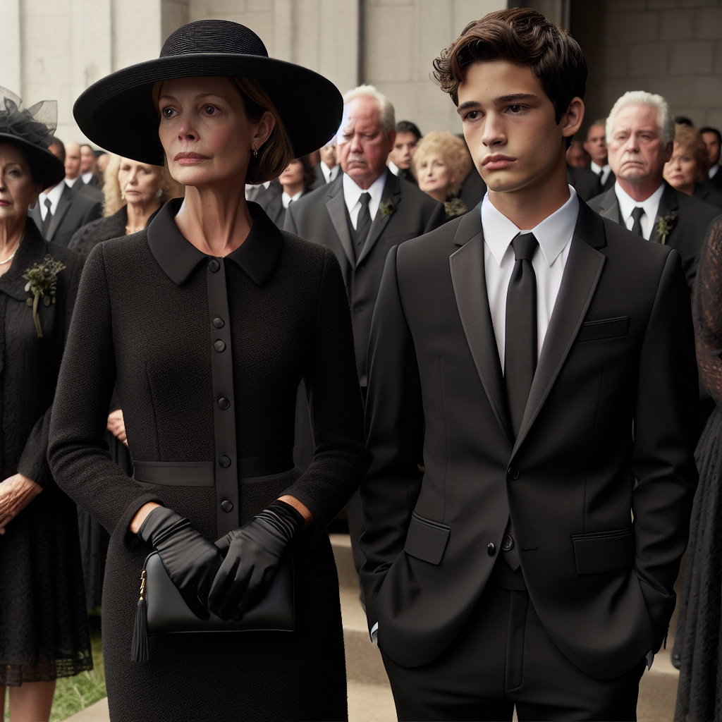 A solemn and dignified scene at a funeral, focusing on the seamless elegance of the attire of the mourners. A middle-aged Caucasian woman and a young Hispanic man can be seen wearing tasteful black mourning clothes, their outfits embodying simplicity, sophistication and gravitas. The woman wears a stylish black hat, a coordinating dress, and understated accessories. The man is suitably dressed in a fitted black suit, a crisp white shirt and a subdued tie. They stand against a backdrop of other mourners, all appropriately attired for the somber occasion.