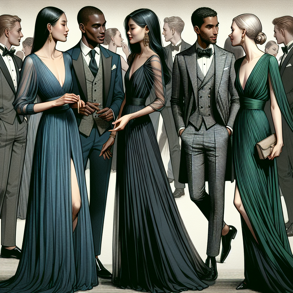 A detailed scene of an upscale charity event. A group of individuals are engaging in conversation, each showcasing their own unique sense of style. At the forefront, a South Asian woman in an elegant, midnight blue chiffon gown, the fabric flowing effortlessly as she interacts. A black gentleman beside her in a dapper three-piece suit, charcoal gray with subtle hounds tooth pattern. Across, a white woman is wearing a simplistic yet stunning emerald green silk dress paired with gold accessories. And finally, a Hispanic man in a stylish, well-fitted tuxedo, timeless in its classic black and white ensemble. All displaying the epitome of fundraiser fashion.