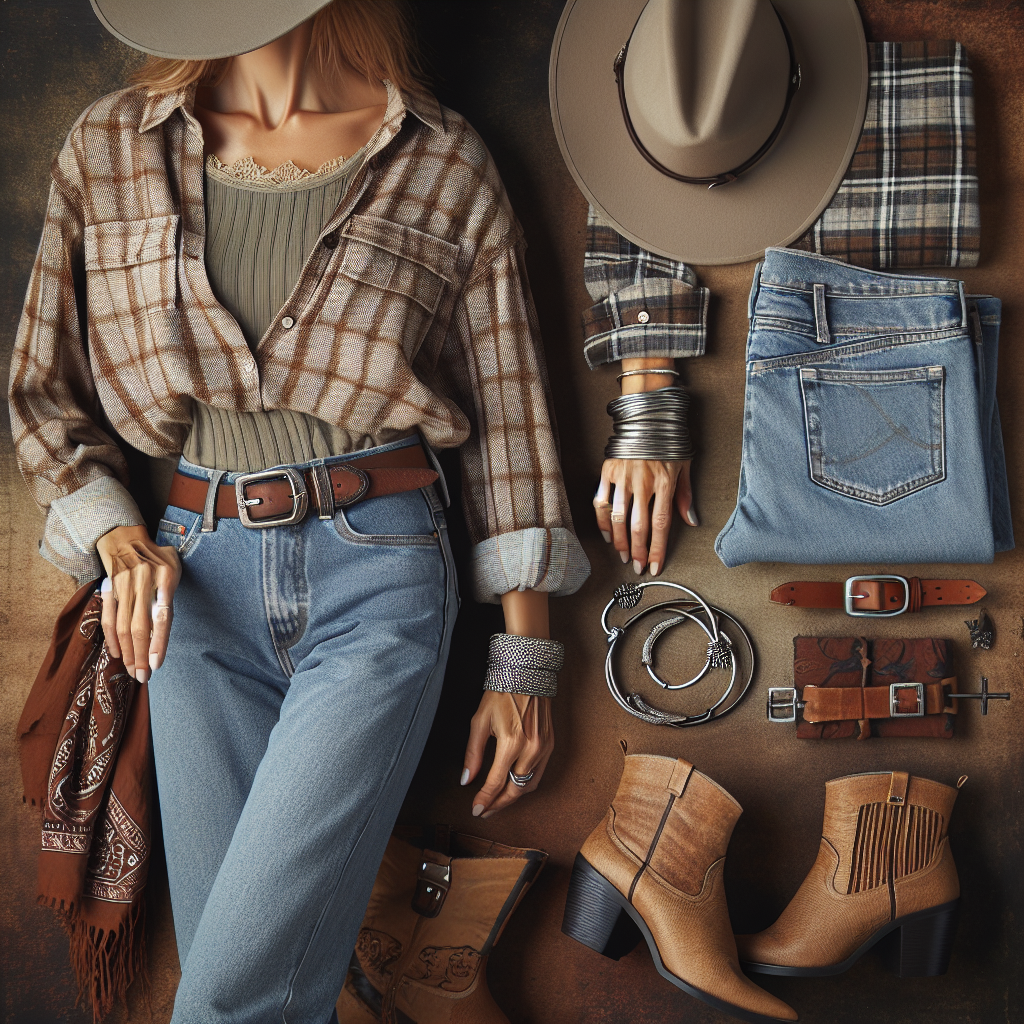 Create a fashionable, country-themed image showcasing style essentials for people over 40. The image should feature an outfit comprising denims, boots, plaid shirt, wide-brimmed hat, and a leather belt. Additional accessories could include silver bangles, a statement necklace, and a stylish bandana tied around the wrist. The portrayed person should be a middle-aged Caucasian woman showcasing an the outfit in an earth-toned outdoorsy setting, reflecting the effortless simplicity and rustic charm associated with country style.