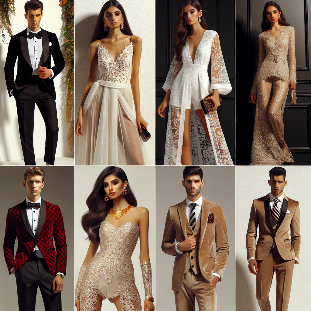 Stunning Engagement Party Outfits for Every Style An array of exquisite engagement party outfits showcasing a wide range of styles. Image 1: A sophisticated black tuxedo worn by an Asian man, complete with a white dress shirt, a black bowtie, and shiny black shoes. Image 2: An elegant white lace dress modeled by a Caucasian woman with a pair of matching white heels. Image 3: A Middle-Eastern woman flaunting a chic beige jumpsuit with gold accent jewellery. Image 4: A stylish suede brown suit displayed by a Black man with a complementing striped tie and white dress shirt. Rounding up with Image 5: A South Asian man in a vibrant traditional attire, showcasing vibrant shades of red and gold.