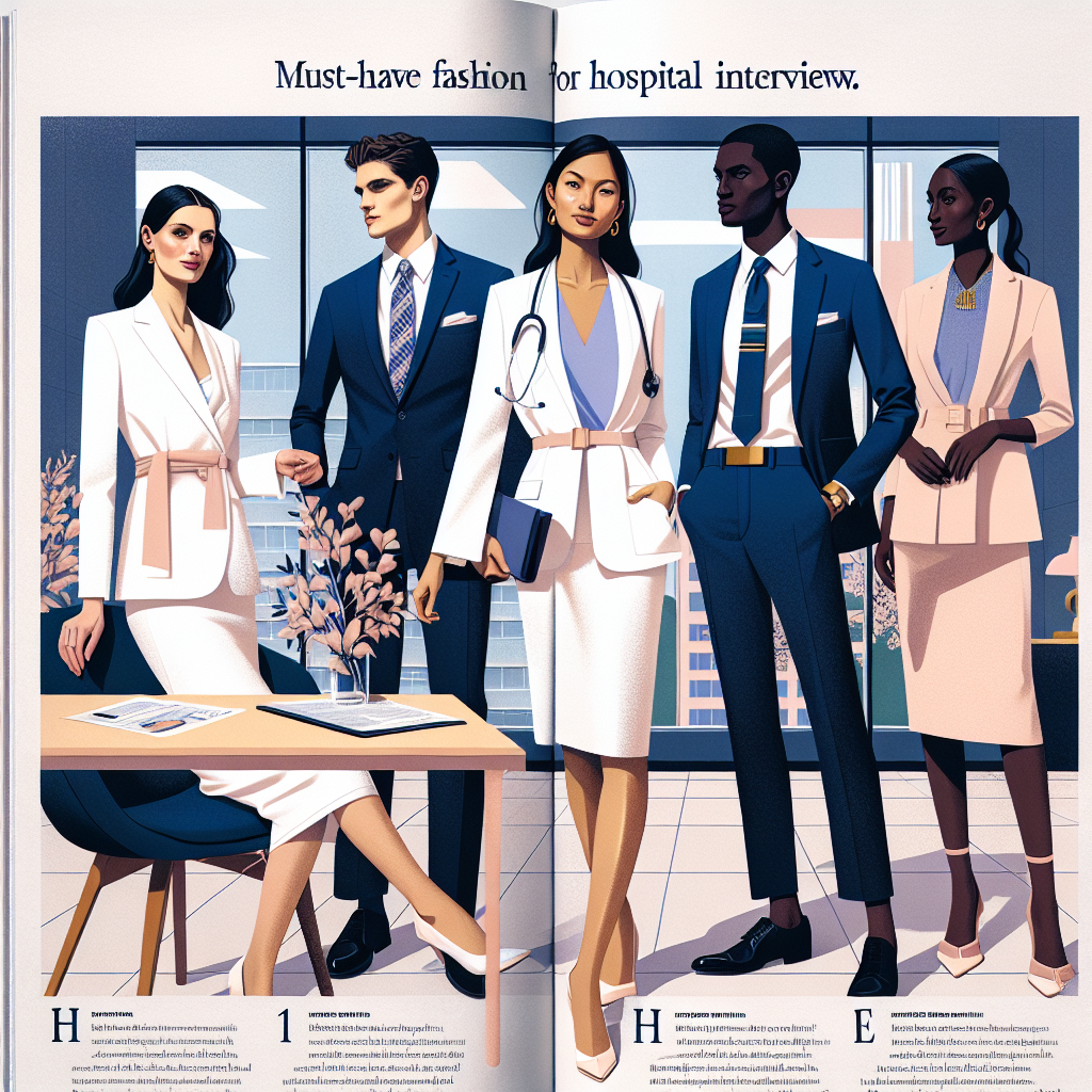 Must-Have Styles: Best Outfits for Hospital Interviews An editorial spread depicting must-have fashion styles for hospital interviews. Display a variety of professional attires tailored to different personalities and roles. Visualize a Caucasian woman in a sleek, crisp white blazer and skirt combo, a Black man wearing a sharp navy suit, a South Asian woman in a sophisticated pastel dress, and a Hispanic man in business casual attire. Each should be portrayed with confidence and poise, implying their readiness for the interview. The backdrop can be a stylized representation of a hospital setting to give context to the scenario.