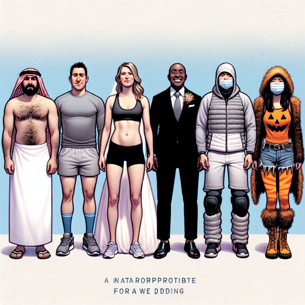 Visual representation of different inappropriate outfits for a wedding occasion exhibiting an array of styles on diverse individuals. A rush of color as four people stand, each donning unacceptable attire for such an event. Clockwise from top left, a Middle Eastern man in beach casual wear. A Caucasian woman wearing gym clothes. A Hispanic man dressed in heavy winter gear. Southeast Asian woman in a Halloween themed outfit. The positions of these individuals are situated as though they are on a fashion runway with a background that expresses surprise and disapproval.