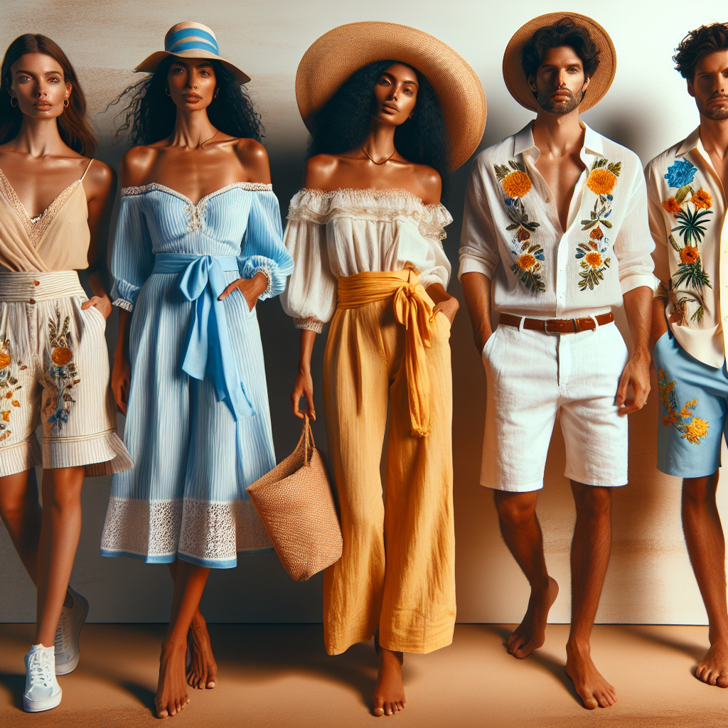 Stunning Summer Show Outfits: Dress to Impress! Picture a warm summer evening. There are diverse people flaunting their fabulous summer outfits. The first person is a South Asian woman, showing off a knee-length sky-blue sundress which nicely complements her warm skin tone, and an elegant sun hat resting atop her loose, curly hair. Standing next to her is a Caucasian man, looking sharp in his crisp white linen pants, and a button-down shirt embroidered with intricate tropical designs. There's also a Hispanic woman, looking vibrant in a bright yellow jumpsuit paired with a bohemian-style straw bag. A Middle Eastern man is sporting casual surf shorts coupled with a tropical print shirt. Each outfit perfectly encapsulates the spirit of summer.