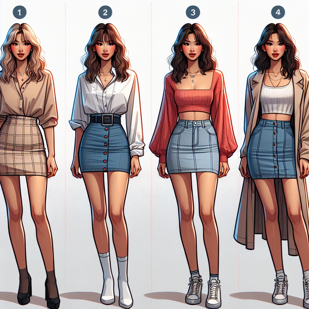 Visualize an informative style guide for mini skirts showcasing four diverse looks that are a must-have for any wardrobe. Scene 1: A Caucasian woman is styled in a classic, sophisticated way with a neutral toned mini skirt and a sophisticated blouse. Scene 2: An Asian woman sports a daring ensemble with a bright mini skirt and a trendy crop top. Scene 3: A Hispanic woman exhibits a casual look with her denim mini skirt and a cozy sweater. Scene 4: A Black woman in a chic professional outfit with a tailored mini skirt and a crisp blazer.