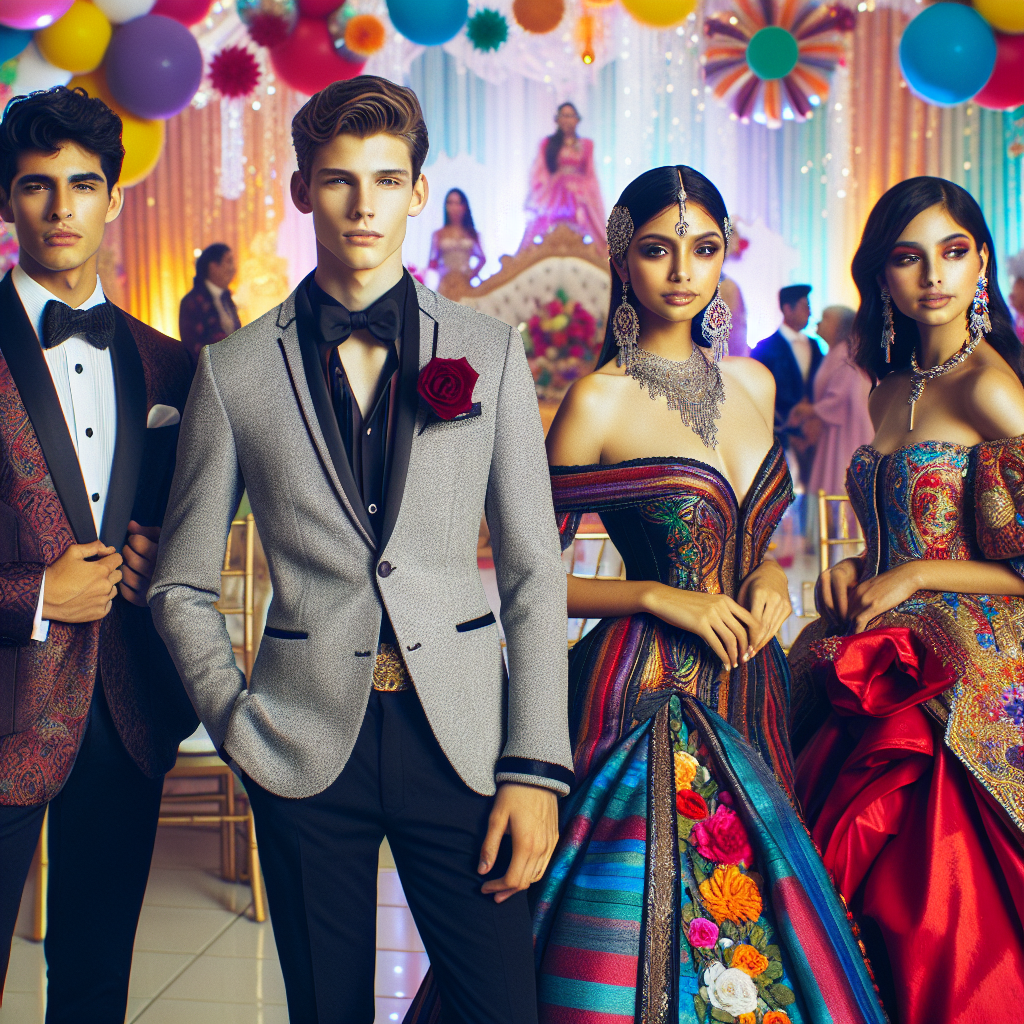 Quinceanera Guest Guide: Stunning, Effortless Styles Visualize a scene of a quinceanera celebration. The focus is on the guests, each dressed in an array of stunning yet effortless styles. Consider a handsome Middle-Eastern teenager in a tailored suit, a Hispanic elder woman draped in traditional attire with a sense of elegance, a South-Asian lady adorning a fusion-style colorful outfit, accentuated with intricate patterns, and a Caucasian man, sporting a semi-formal look with a touch of flamboyance. In the background, let the colorful decorations of the venue, filled with balloons and flowers, set a festive ambiance.