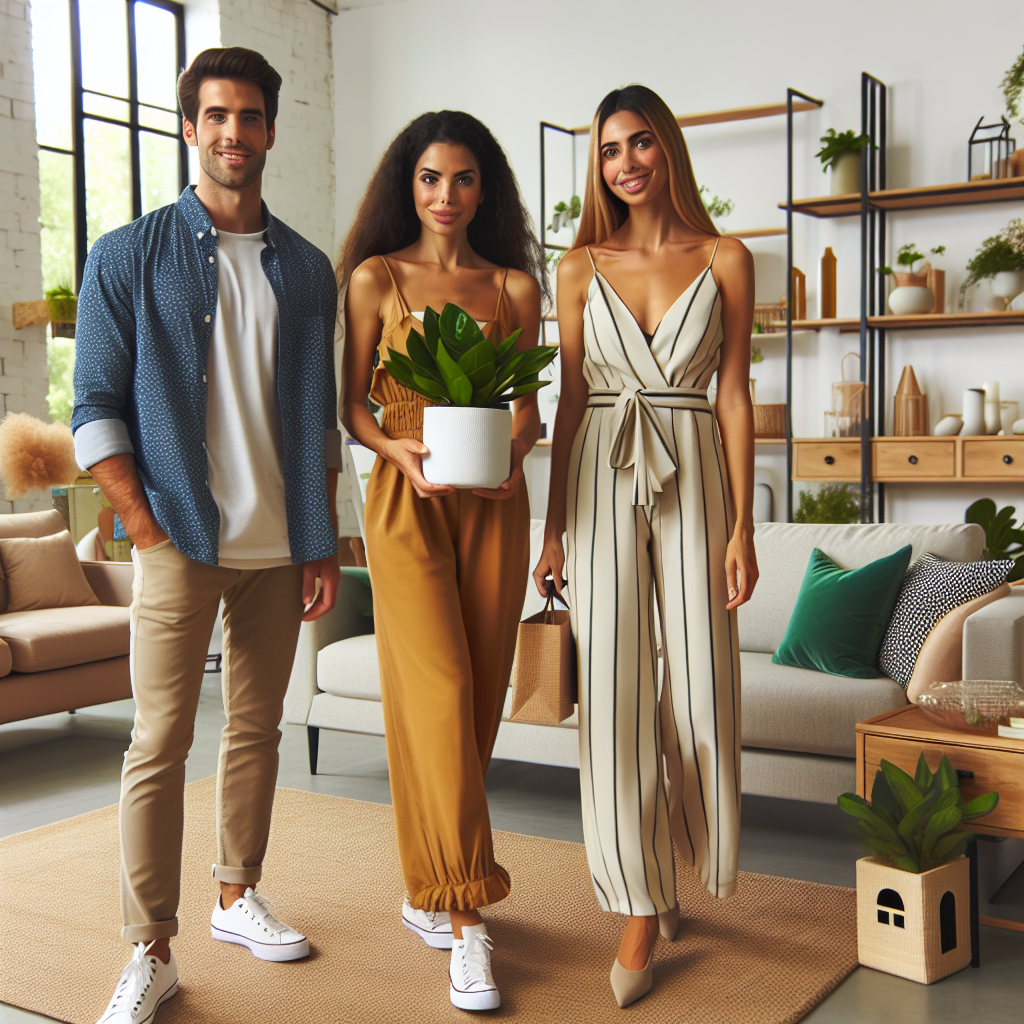 Picture an inviting scene of a housewarming party. In the spacious and tastefully decorated living room, three guests have arrived showing off their effortless styles: a Caucasian man in a smart-casual outfit, a black woman elegantly dressed in a bright jumpsuit, and a Middle-Eastern woman carrying a house plant gift, wearing a comfortable, yet stylish, dress. Create a vibe of friendly conversation, warm smiles, and a cheerful atmosphere featuring modern decor elements in the background, to represent the fresh beginnings a housewarming party signifies.