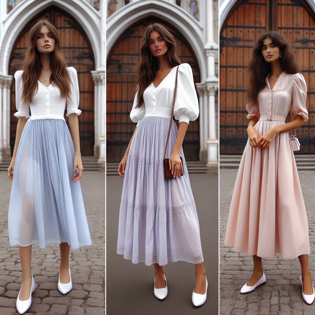 Stunning Church Outfits for Girls: Effortless Style Image of three girls from different descents showcasing their stunning and effortless style suitable for church. The first girl of Caucasian descent is wearing a pastel blue, knee-length dress with a white cardigan. The second girl of Hispanic descent is dressed in a white, puff-sleeve blouse paired with a long, a-line skirt in lilac. The third girl coming from a Black descent is donned in a peach-colored, classic shirt dress. All are accessorized with simple, minimalistic jewelry and and are wearing comfortable flats. They are standing in front of a beautiful traditional church with large wooden doors and stained glass windows.