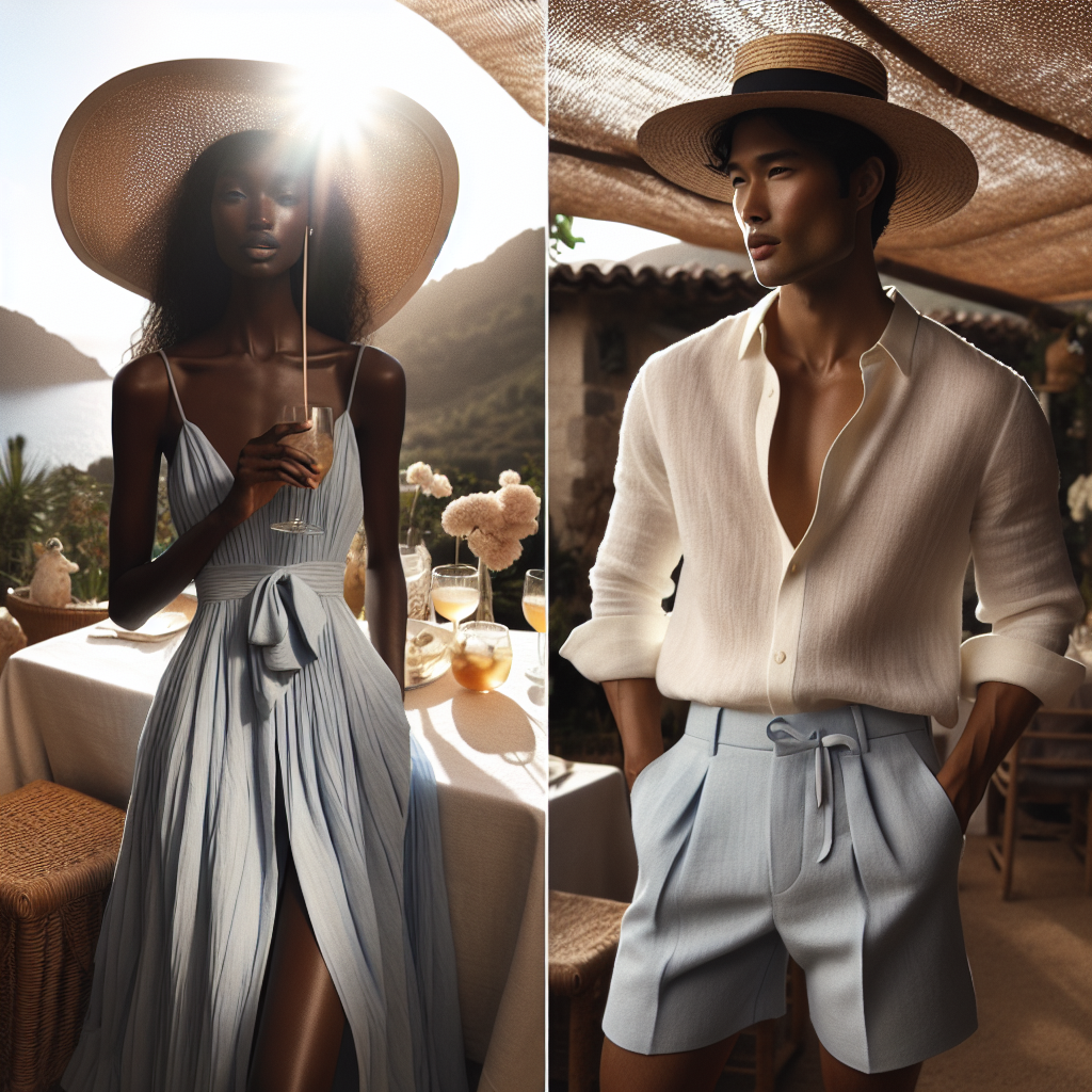 Imagine a sun-drenched outdoor setting, where a summer soiree is in full swing. The air is filled with the soft murmur of conversation and the clink of glasses. Center the scene on two stylishly dressed individuals. One person is a Black woman, wearing a flowy, sky-blue sundress, showing off her elegance in comfort. She has a wide-brimmed sun hat decorated with a delicate ribbon. The other person is an Asian man, showcasing effortless sophistication in his crisp white linen shirt, paired with pastel-colored shorts. His attire is accentuated with a seasonal Panama hat. The image should encapsulate the essence of a blissful summer gathering and the elegance of the outfits worn.