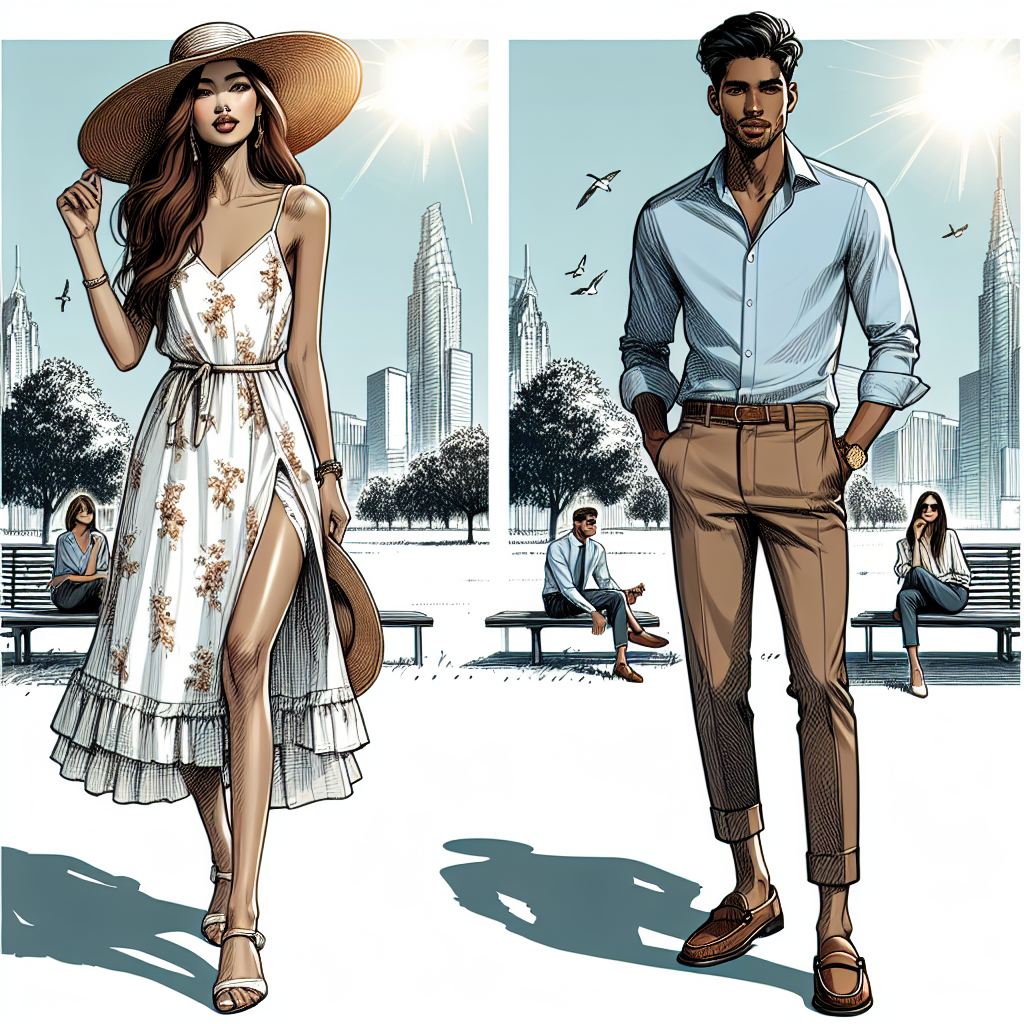 Stunning Offsite Outfits: Effortless, Must-Have Looks Create a detailed illustration of a stunning outdoor fashion showcase featuring a couple of individuals. The first person, a South Asian female, is rocking a summery white floral dress with a sun hat, posing effortlessly in an open field. The sunlight illuminates her outfit, making it appear radiant. Another person, a Black male, is donned in a suave, must-have business casual outfit. His outfit consists of a light blue shirt, brown chinos, and loafers, captivated perfectly in a downtown setting with modern architecture as a backdrop. Both their ensembles should embody the ideal offsite outfits.