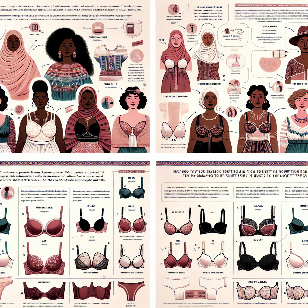 Bra Comfort Guide: Effortless Tips for Every Body A highly informative visual guide containing illustrations and tips on achieving perfect bra comfort for all types of bodies. The first part of the image showcases a variety of women of different descents such as Hispanic, Caucasian, Black, Middle-Eastern, and South Asian each having different body types. They are all wearing bras and holding tip cards. The second part of the image displays detailed illustrations of various bra types with labels pointing to features that aid in comfort, such as the band, straps, and cups. Accompanying text provides useful advice on making the right choices for comfort and fit.