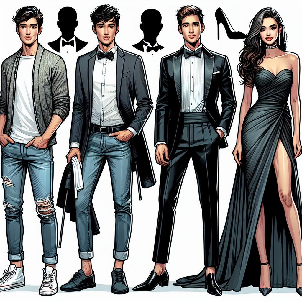 Must-Watch Styles: What to Wear to a Stage Play A detailed illustration showcasing various stage play appropriate outfits. One area of the image shows a male figure styled in a modern semi-formal outfit, with a blazer, shirt, and jeans, he is of Caucasian descent. Another area shows a female character, of South Asian descent, dressed in an elegant evening gown. In still another section, a male character, of Hispanic descent, is donned in a classic black tuxedo completing the look with a bow-tie. Lastly, a woman of Middle-Eastern descent, is seen wearing trendy yet sophisticated cocktail attire that exudes class.