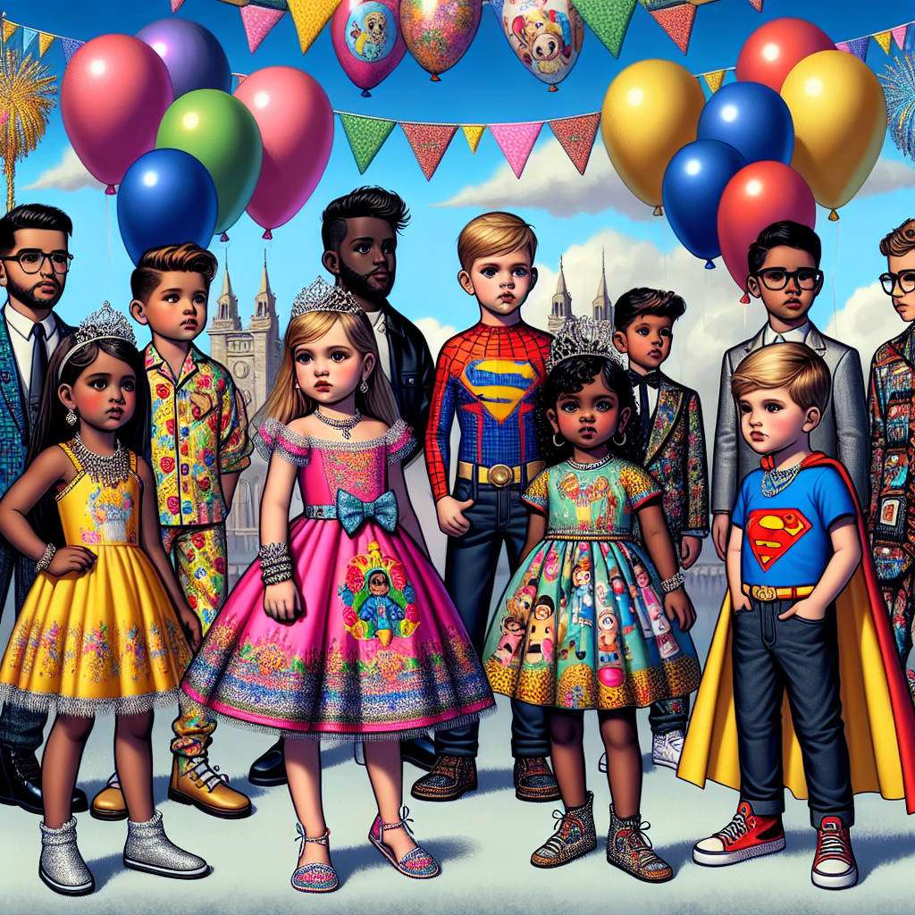 An elaborate scene showcasing a variety of children's party attire. There are several distinct figures, including a Caucasian girl wearing a brightly colored sundress adorned with festive accessories like a tiara and sparkly bangles, a Black boy dressed in a classic superhero costume, complete with a cape, a Hispanic boy sporting a casual ensemble of jeans and a graphic t-shirt featuring a popular children's cartoon and a South Asian girl in a comfortable jumpsuit with playful prints. Background of the scene is filled with festive baloons and a clear blue sky.