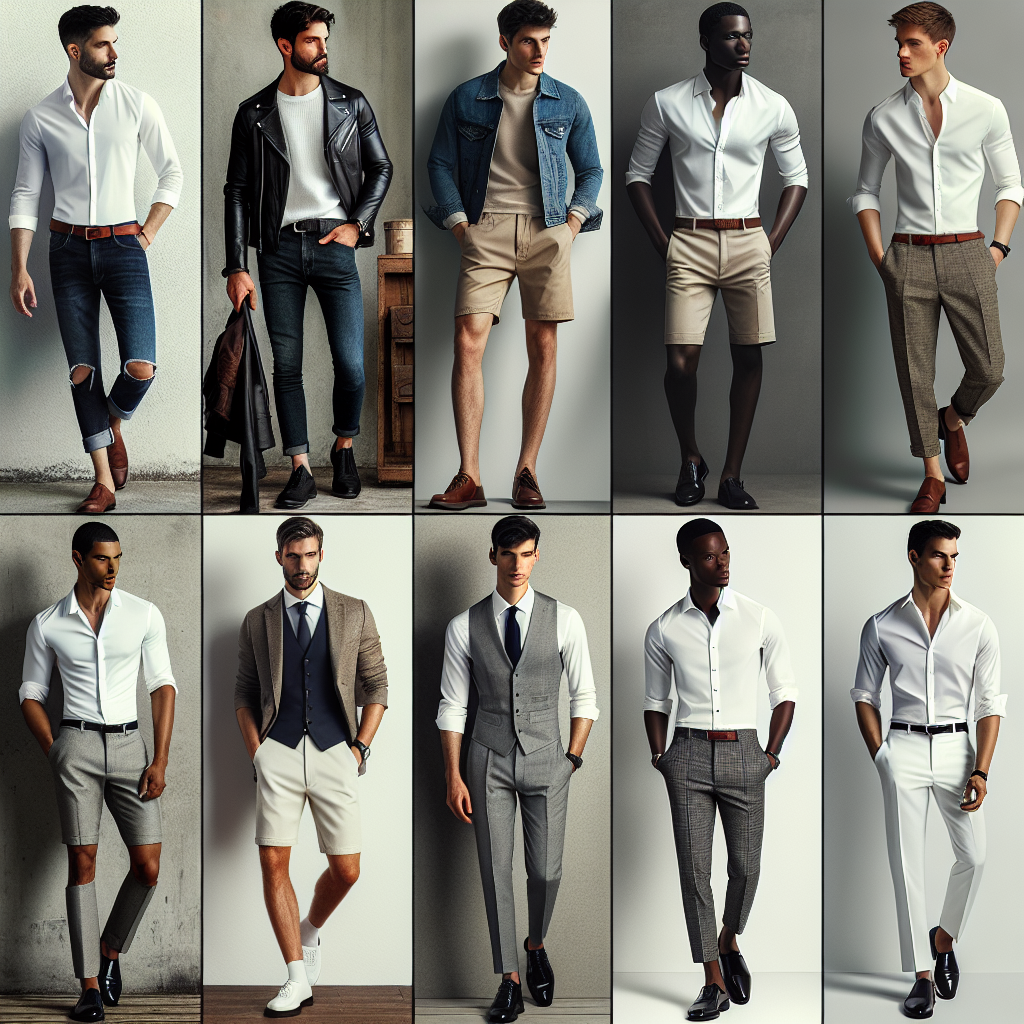 A fashion-focused compilation that highlights five distinct outfits for men, each pivoting around a classic white shirt. The first outfit features a Caucasian man in a white shirt paired with dark blue denim, a black leather jacket, and lace-up boots. The second outfit showcases a Black man with a white shirt and beige chinos, complemented by a brown leather belt and Oxford shoes. The third outfit introduces a Middle-Eastern man in a white shirt, grey vest, and tailored black trousers. Fourth, a Hispanic man in a white shirt with khaki shorts and loafers for a casual look. Lastly, a South-Asian man in a formal ensemble of a white shirt, charcoal grey suit and black polished dress shoes.