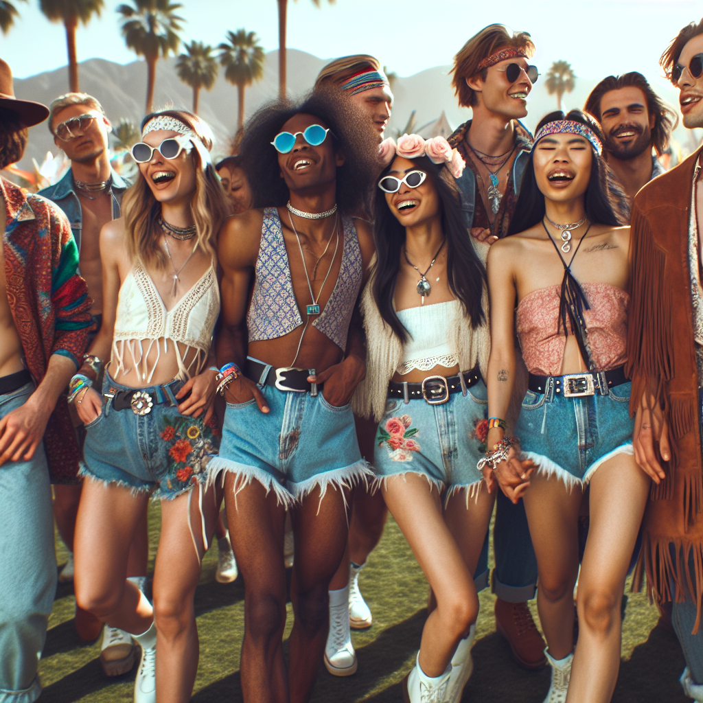 Stunning Outfits for Coachella-Themed Parties Imagine a vibrant and lively scene of a Coachella-themed party. Focus on the depiction of different stunning outfits that steal the show. Capture the essence of the music festival with eclectic and bohemian-inspired styles. A group of individuals of diverse descents, such as Caucasian, Black, South Asian, Hispanic, and Middle-Eastern, are present. Each individual displays a unique fashion sense, embracing a mix of modern trends and vintage influences. From high-waisted denim shorts, fringed jackets, floral headbands, to oversized sunglasses, their styles embody the free spirit of Coachella. Both male and female attendees express their personal style, laughing and dancing under the warm sunlight.
