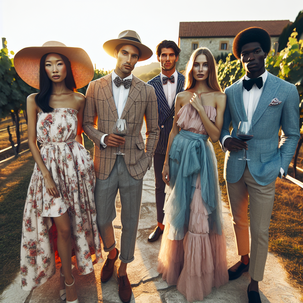 Dress to Impress: Stunning Winery Wedding Guest Outfits Showcase four highly fashionable individuals standing together at an outdoor winery setting, ready for a wedding. Each one is uniquely sartorially dressed as a wedding guest. One person is an Asian woman, stylishly dressed in a floral print sundress and broad-brimmed hat. The second person is a Caucasian man, looking dapper in a linen suit holding a wine glass. The third person is a Middle-Eastern woman, elegantly wearing a pastel chiffon evening gown. Finally, there's a Black man, impressively dressed in a blue tailored tuxedo. The sun is setting behind the vineyards, illuminating the scene with a warm, golden glow.