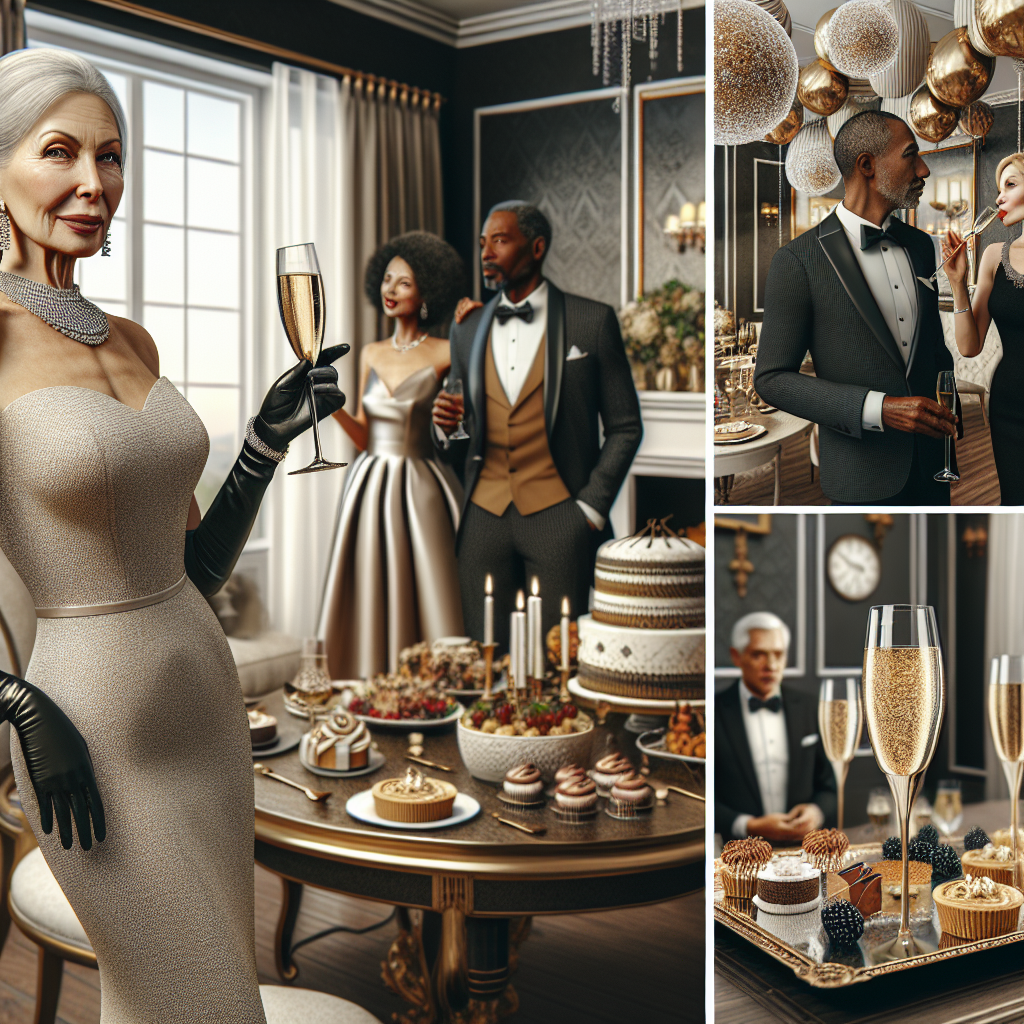 What to Wear: Stunning Outfits for a 50th Birthday Party Visualize a scene in a stylish environment designed for a 50th birthday party. A middle-aged Caucasian woman wearing an elegant evening gown with sparkling accessories, standing near a beautifully decorated table filled with gourmet treats. A middle-aged Black man donning a classy tuxedo adorns the room, while the party decoration showcases a golden-theme indicating the golden jubilee celebration. In another corner, a Hispanic woman in a sleek cocktail dress, drinking champagne and a Middle-Eastern man in a tailored suit discussing. All are excited, exemplifying stylish and age-appropriate fashion.