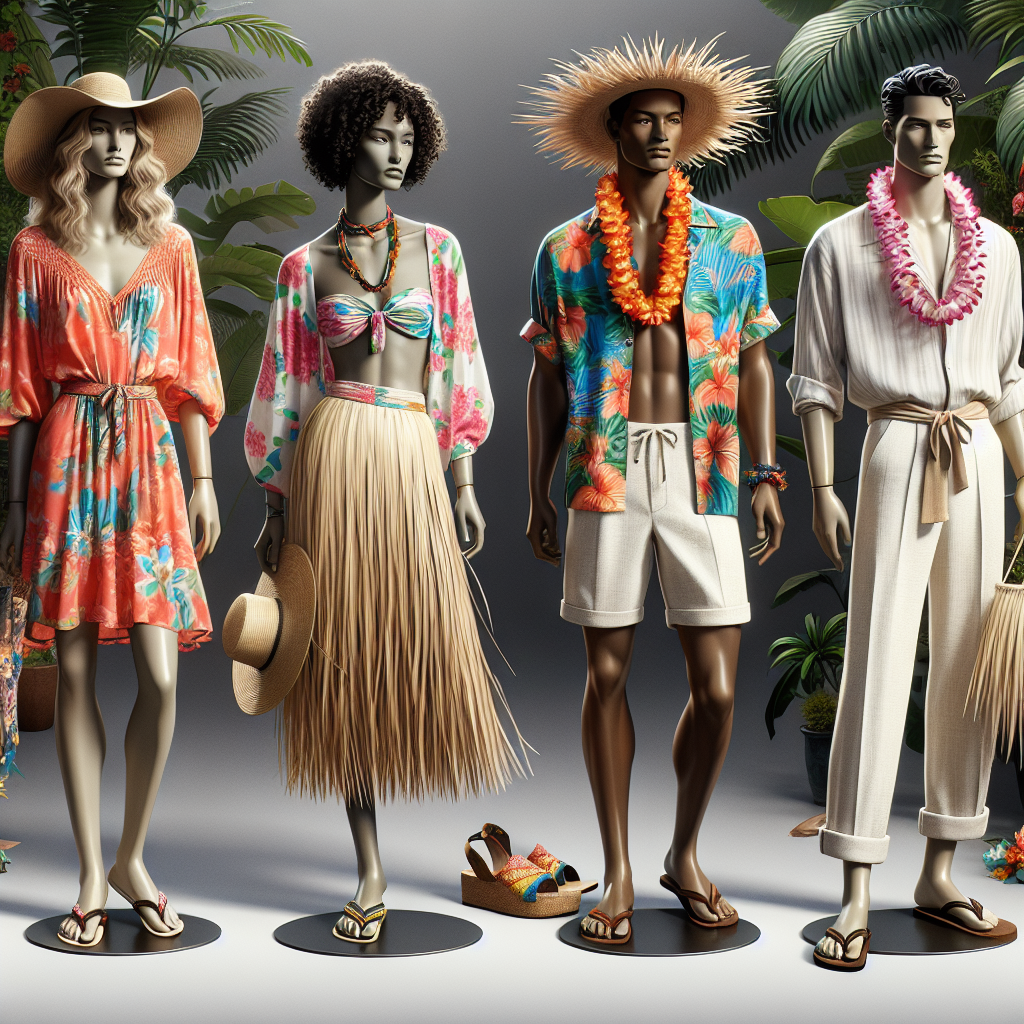 Must-Have Outfits for a Luau: Effortlessly Chic! Imagine an image showcasing various must-have outfits for a Hawaiian Luau. It features four mannequins wearing Hawaiian and tropical attire: The first mannequin, a representation of a middle-aged Caucasian woman, incarnates the effortlessly chic bohemian with a bright, flowery sundress accompanied by a straw hat. The second one, a representation of a young Black man, is wearing a colorful, loose-fitting shirt known as Aloha shirt, linen shorts, and flip-flops. Next, a representation of a young Asian woman models a grass skirt paired with a coconut bra. Lastly, a mannequin representing an older Middle-Eastern man is seen in a white linen pantsuit with a lei. They are surrounded by tropical plants, giving the ambiance of a joyful and vibrant Luau party.