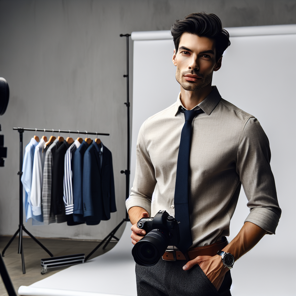 What to Wear for a Headshot: Effortless, Stunning Styles Envision a scene set in a professional photography studio. Two individuals are present. A Caucasian female photographer in her 30s, wearing a casual black outfit and holding a high-end DSLR camera with a backdrop stand behind her. The other person is a well-dressed South Asian male in his 40s, confidently posing for his headshot. He is wearing a crisply ironed, neutral-toned shirt paired with a carefully chosen tie that adds a touch of color without being distracting. His hair is smartly styled, giving an air of effortlessness while the subtle makeup enhances his features. There is a rack in the corner of the room, filled with various stunning outfits indicating potential selections for the shot.