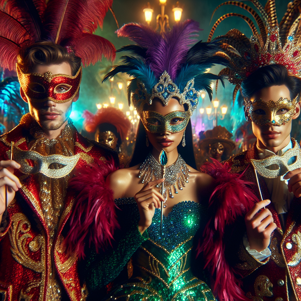 Visualise a scene of a vibrant Mardi Gras celebration. The focal point is three people standing in the crowd, donning stunning and extravagantly detailed outfits. The first person is a Caucasian man wearing a ruby red, feathered cloak with shining golden masks printed on it, while the second is a South Asian woman dressed in a luminescent green suit adorned with beads and sequins that glitter under the festival lights. The third person is a Hispanic woman in a royal blue gown, embellished with silver stars. Each of them holds a classic Mardi Gras masquerade mask, adding a touch of mystique to their attire.