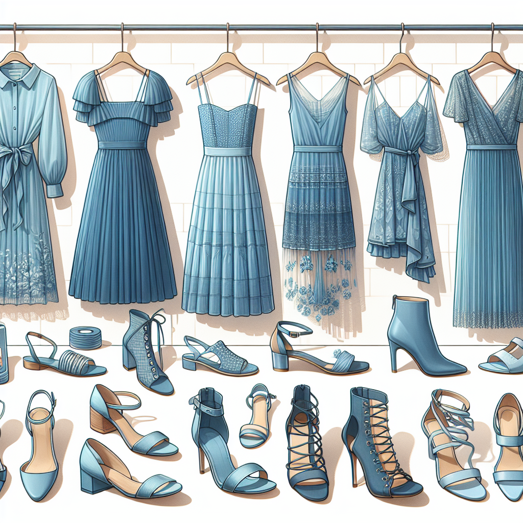 Envision a collection of must-have shoes styled perfectly with elegant blue dresses. Depict an array of footwear ranging from strappy sandals to sleek heels, all in complementary colors. Also include a variety of blue dresses, from light baby blue to deep navy blue, each with unique designs to represent diverse tastes. Show these dresses and shoes on display, perhaps on a stylish rack or in a chic boutique setting. Ensure the scene reflects effortless style and sophistication, captivating the essence of modern fashion trends.